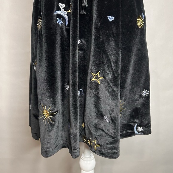 ASOS Velvet Babydoll Dress US 10 Black Celestrial Embroidered Sun Moon Mini - Picture 9 of 12